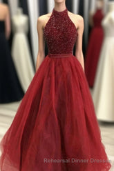 Charming Beading Long Red Halter Semi Formal Prom Dresses